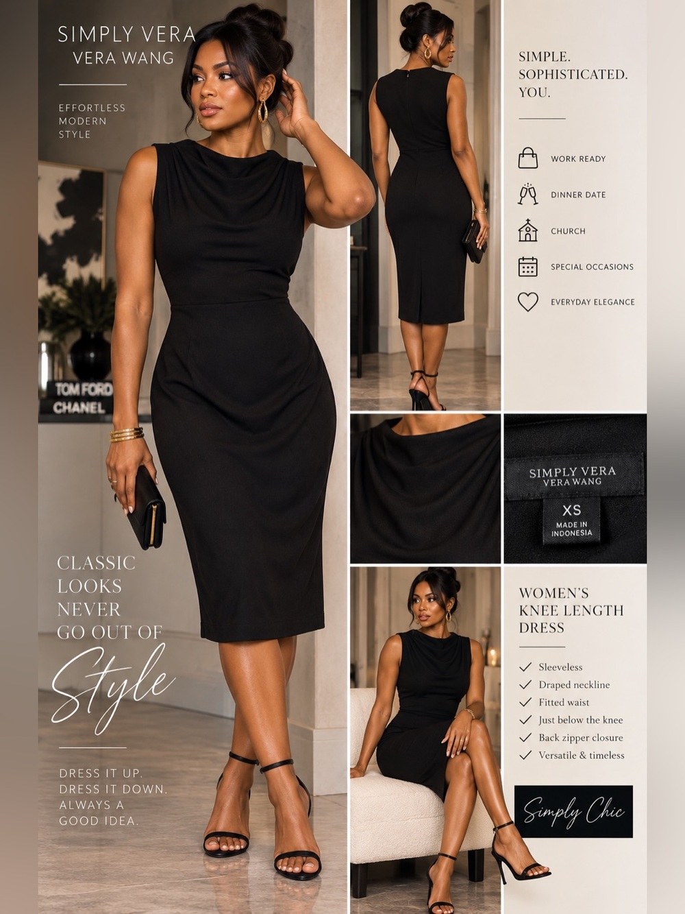 Simply Vera by Vera Wang Black Sleeveless Draped Neck Midi Dress XS